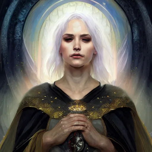 Prompt: portrait of a female aasimar stars druid with short white hair wearing a black robe covered in stars, half body, fantasy, highly detailed, digital painting, artstation, concept art, character art, art by greg rutkowski and magali villeneuve and alphonse mucha