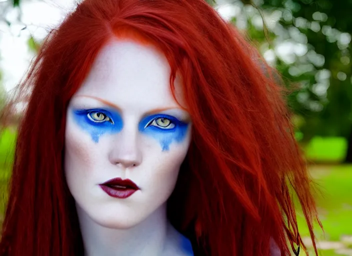 Image similar to award winning 8 5 mm close up face portrait photo of a redhead with maroon colored hair and perfect symmetrical blue human eyes in a park by luis royo.