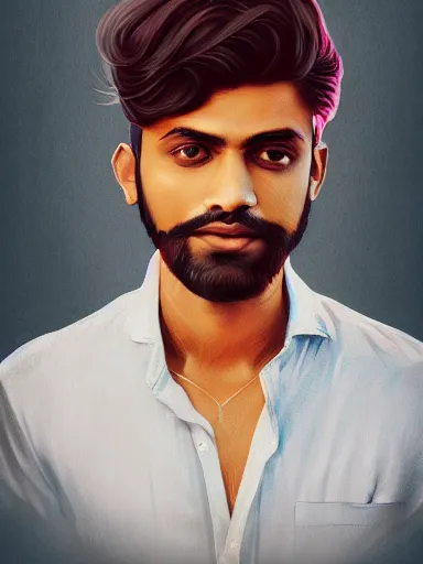 Image similar to artwork by Enjolras Delphin, of a solo individual portrait of an Indian guy with lilies, dapper, simple illustration, domestic, nostalgic, full of details, Matte painting, trending on artstation and unreal engine