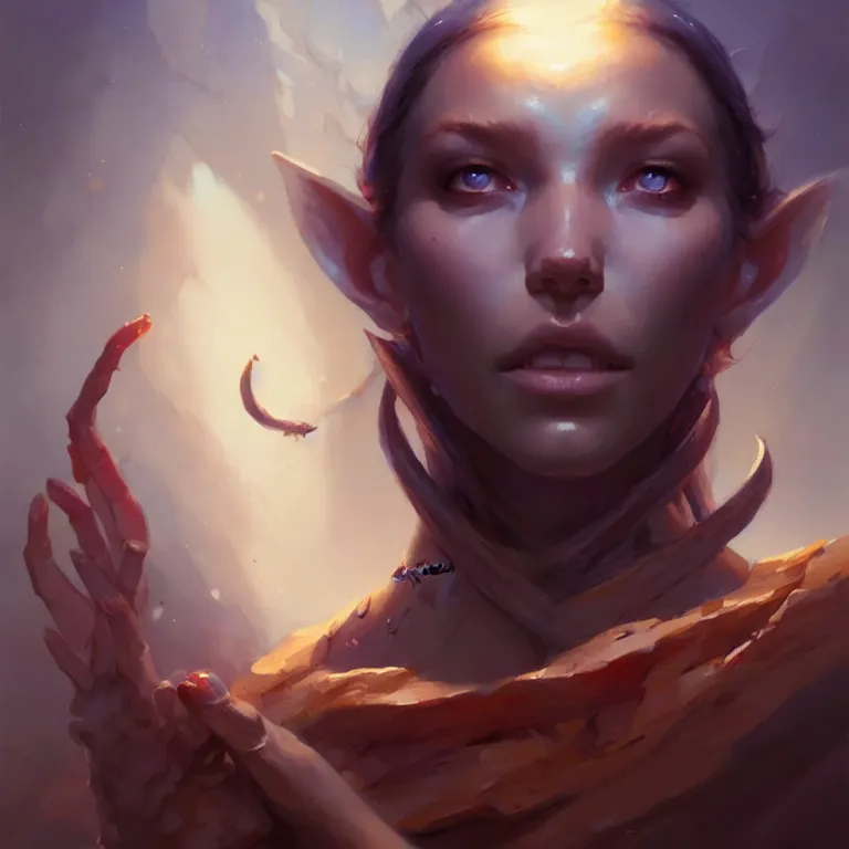 Image similar to a portrait of a stunning humanoid, by mandy jurgens and pete mohrbacher and greg rutkowski, in frame, low angle, detailed facial features, fantasy, d & d