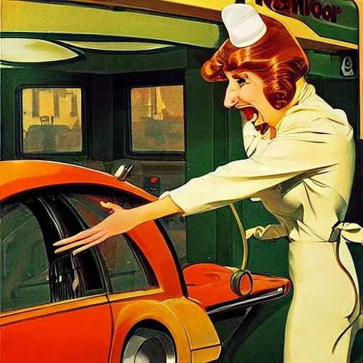 Prompt: a big nose with a wig driving a car, in the car wash. funny humorous surrealist illustration by j. c. leyendecker, detailed art