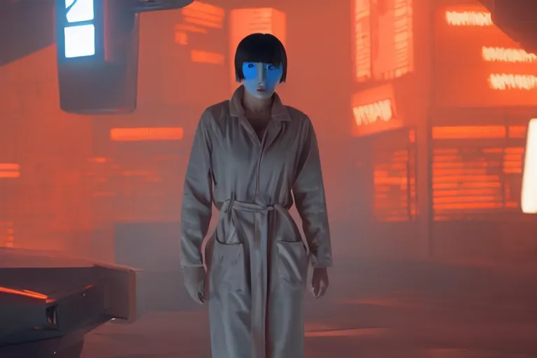 Prompt: a still from the film bladerunner 2 0 4 9 depicting haruka abe wearing an orange prison jumpsuit. behind her a blue holographic face dominates the background. futuristic medical equipment surrounds haruka abe. sci fi, futuristic,