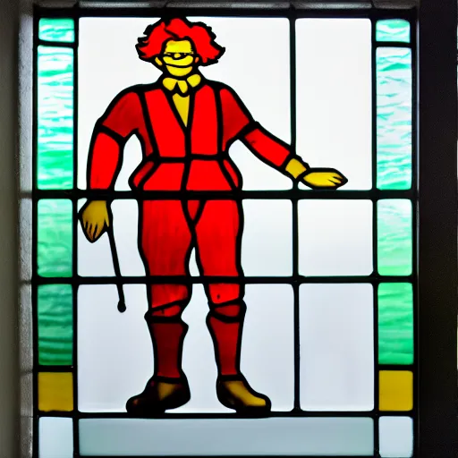 Prompt: Ronald McDonald, stained glass