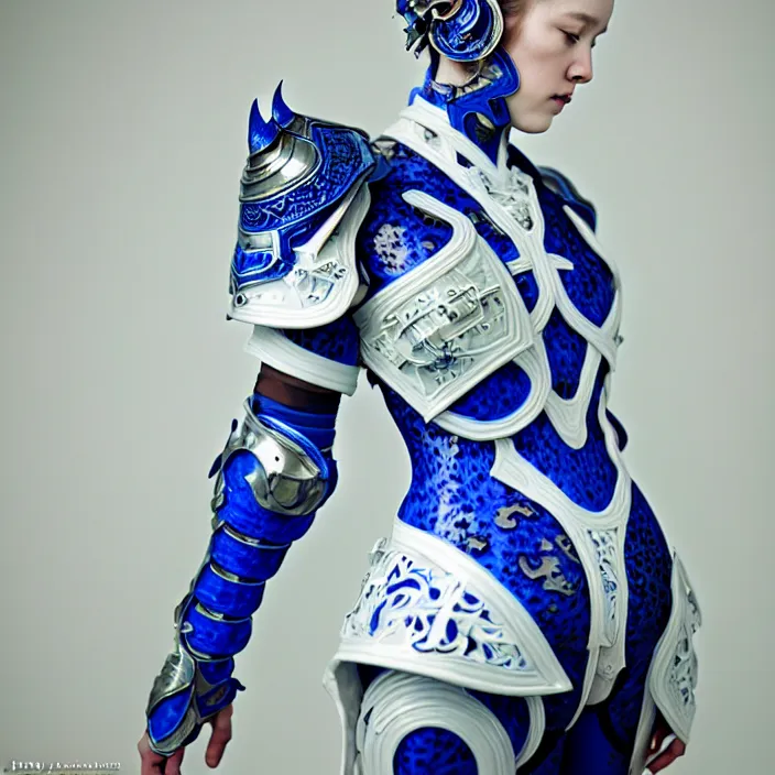 Prompt: porcelain cyborg armor, Chinese Blue and white porcelain 14th century, diffuse lighting, fantasy, intricate, elegant, highly detailed, lifelike, photorealistic, digital painting, artstation, illustration, concept art, smooth, sharp focus, art by John Collier and Albert Aublet and Krenz Cushart and Artem Demura and Alphonse Mucha