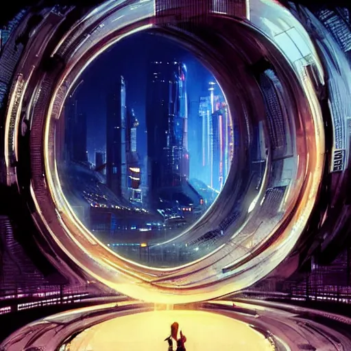 Image similar to circular derelict portal in a middle of a futuristic cityscape, world seen only through a portal, daylight, cinematic perspective, cinematic lighting, blue sky, syd mead, john harris