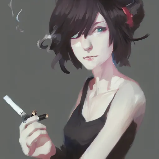 Image similar to woman in a dress smoking a cigarette by krenz cushart, wlop, dark room, white smoke, chromatic aberration, white smoke, trending on ArtStation Pixiv