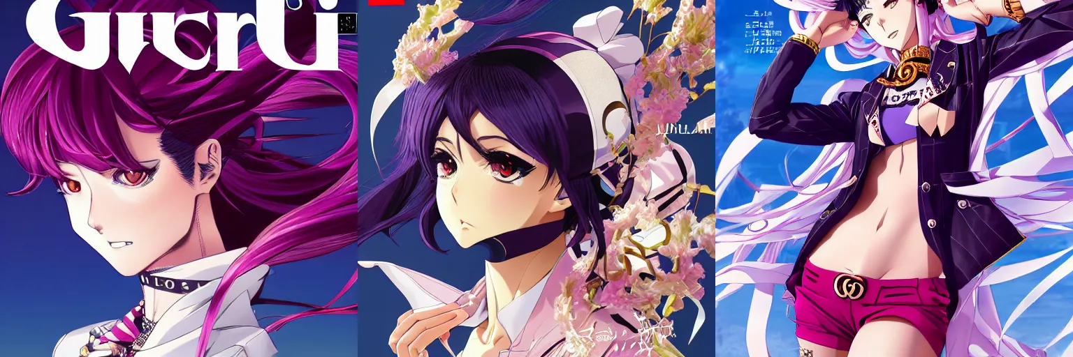 Image similar to Magazine Cover Anime key visual of a Gucci girl; official media; typography; drawn by Hirohiko Araki; Jojo's Bizarre Adventure; Jojolion, portrait, made by Stanley Artgerm Lau, WLOP, Rossdraws, James Jean, Andrei Riabovitchev, Marc Simonetti, Yoshitaka Amano, ArtStation