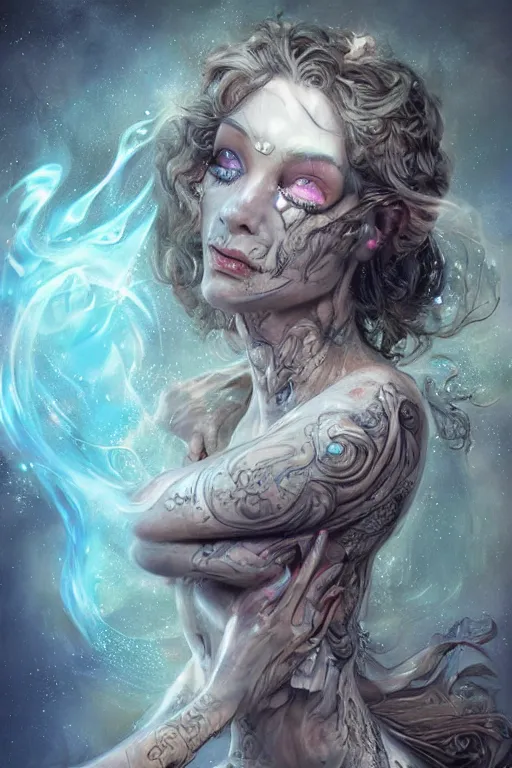 Prompt: a wlop 3 d render of very very very very highly detailed beautiful mystic portrait of a phantom undead ballerina with whirling galaxy around, tattoos by anton pieck, intricate, extremely detailed, flowing dress, digital painting, artstation, concept art, smooth, sharp focus, illustration, intimidating lighting, incredible art,