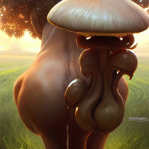 Image similar to long shot photo of a mushroom sprouting from a cow's back, highly detailed, digital painting, artstation, smooth, sharp focus, illustration, art by artgerm and greg rutkowski and alphonse mucha