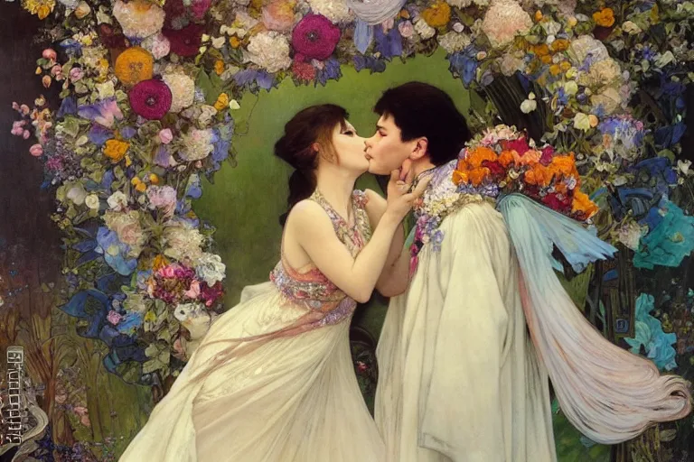 Image similar to the groom kisses the bride at a wedding full of flowers, bright and happy, dreamlike art, highly detail, 4 k realistic, wedding photoy krenz cushart. artem demura. alphonse mucha. yoji shinkawa artgerm. jon lothian. danilo torres. adi meyers. thomas reimann. gaston bussiere.