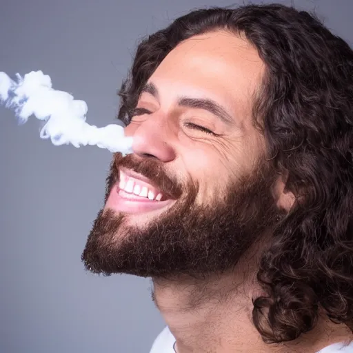 Image similar to Jesus smoking weed and laughing, profile picture, studio photography