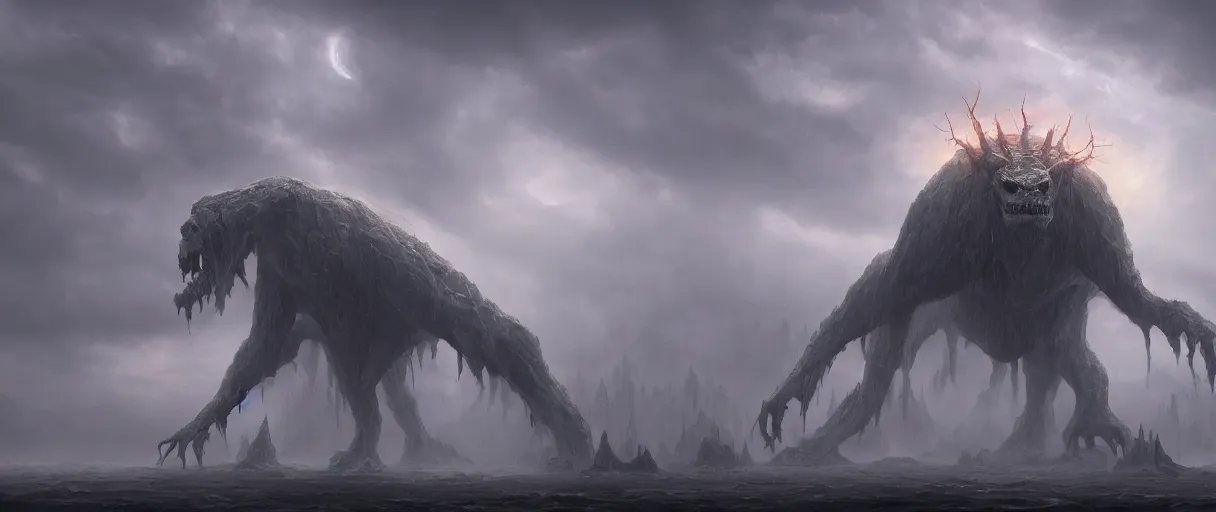 Prompt: A terrifying giant monster made of mist and paint, dramatic atmosphere, cinematic lighting, masterpiece digital painting by Alex Grey, Greg Rutkowski, 4k wallpaper, artstation