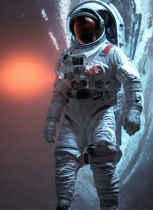 Prompt: concept art by craig mullins astronaut in futuristic dark and empty spaceship underwater. infrared glowing lights. complex and hyperdetailed technical suit. reflection and dispersion materials. rays and dispersion of light. volumetric light. 5 0 mm, f / 3 2. noise film photo. flash photography. unreal engine 4, octane render. interstellar movie art