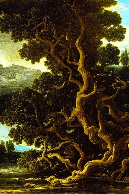 Image similar to oil painting of a old tree next to a raging river by claude lorrain