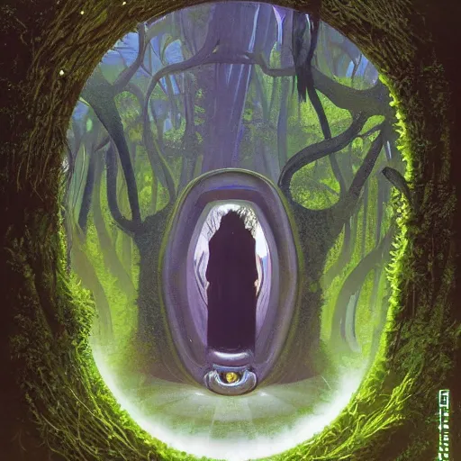 Image similar to portal in a middle of a lush futuristic forest, alien world seen through a portal, person in a cloak standing in front of a portal, syd mead, john harris