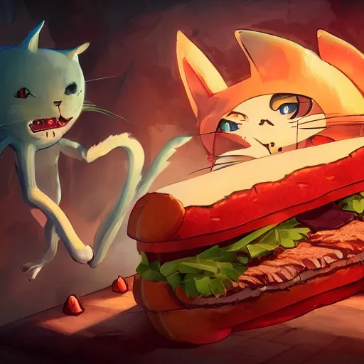 Image similar to a scared cat running away from the giant carnivorous sandwich, artstation hq, dark phantasy, stylized, symmetry, modeled lighting, detailed, expressive, true unsimulated emotions, created by hayao miyazaki