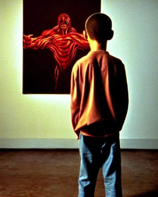 Image similar to an 8 years old enlightened and scared boy standing in front of an old computer from 90s with a game doom2 at the monitor screen. painting by Adrian Ghenie and Willem de Kooning and Cy Twombly, still from a movie by Gaspar Noe and James Cameron