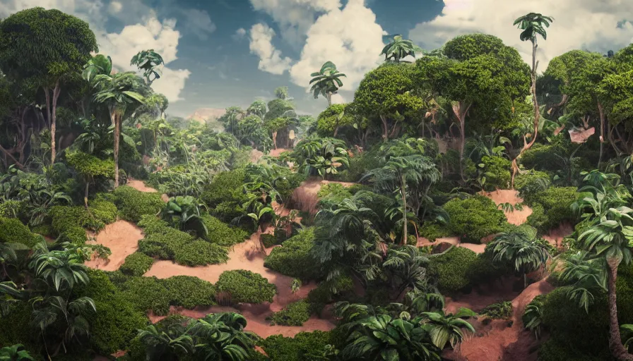 Image similar to beautiful stunning amazing slightly cloudly sky with various differently colored floating islands made of dirt and sand and stone with many varied rainforest forest desert plants and few little animals, landscape, fantasy, wide angle, sharp image, cinematic, concept art, 3d, photorealistic render, octane render, blender cycles, unreal engine, raytracing, volumetric light, photoshop, lightroom, digital art, trending on artstation