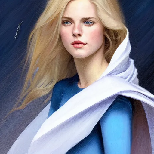 Image similar to a beautiful portrait of a beautiful cute young woman shoulder - length blonde hair superhero wearing a tight solid matte navy blue lycra suit white cape white cowl white shoulders, blue eyes, intricate, elegant, 8 k, highly detailed, digital painting, concept art, smooth, sharp focus, illustration, by artgerm greg rutkowski alphonse mucha loish wlop