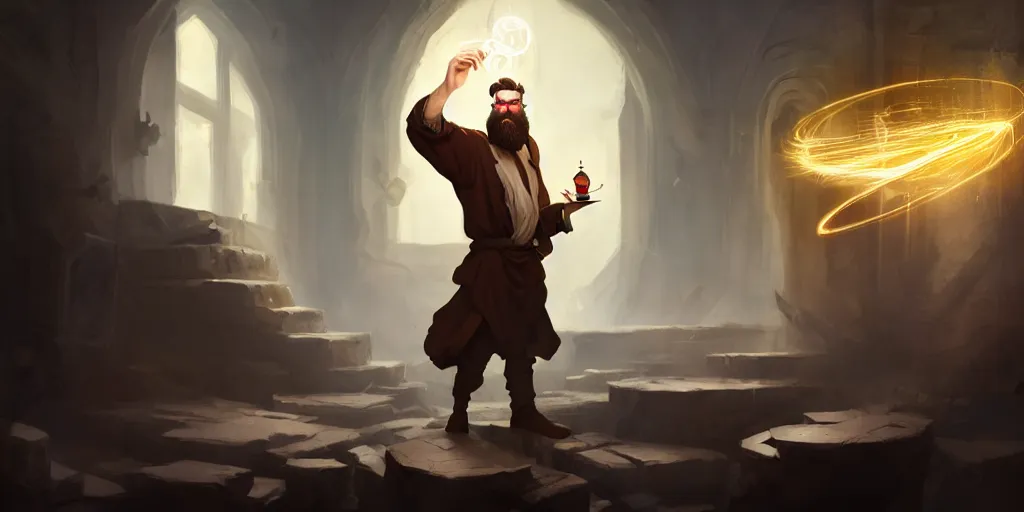 Image similar to a handsome bearded caucasian male sorcerer with brown hair, he is in a alchemist lab, casting a spell from a floating book, action pose, digital art, concept art, epic composition, 4 k, super coherent, by dave melvin and greg rutkowski