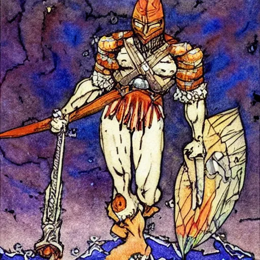 Prompt: watercolor, final fantasy tactics character, muscular barbarian on mars, masked, artwork by harry clarke, shrouded
