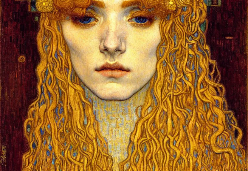 Image similar to detailed realistic beautiful young medieval queen face portrait by jean delville, gustav klimt and vincent van gogh, art nouveau, symbolist, visionary, gothic, pre - raphaelite, muted earthy colors, desaturated