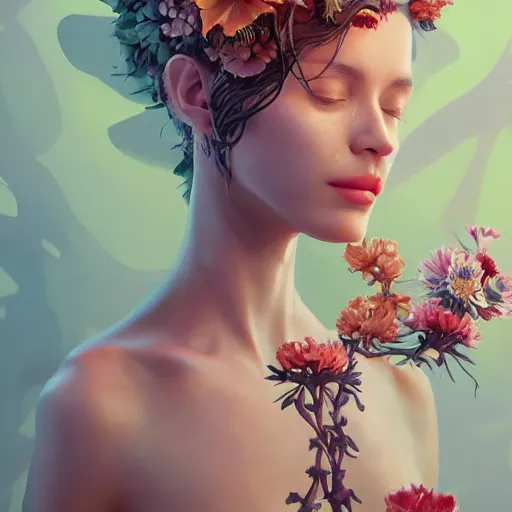 Prompt: biomorphic painting of a female with flowers, au naturel, hyper detailed, digital art, trending in artstation, cinematic lighting, studio quality, smooth render, unreal engine 5 rendered, octane rendered, art style by klimt and nixeu and ian sprigger and wlop and krenz cushart