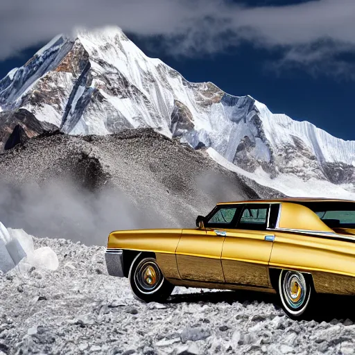 Prompt: a golden cadillac is sitting on the peak of mount everest, clear focus, bokeh effect, high res, hasselblad, dslr