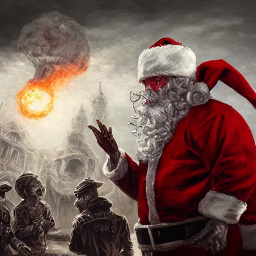 Image similar to Santa engages Armageddon mode, zombie, help, intricate detail, lovecraftian, intense, brutal, digital painting, fine stylization, UHD, 8K