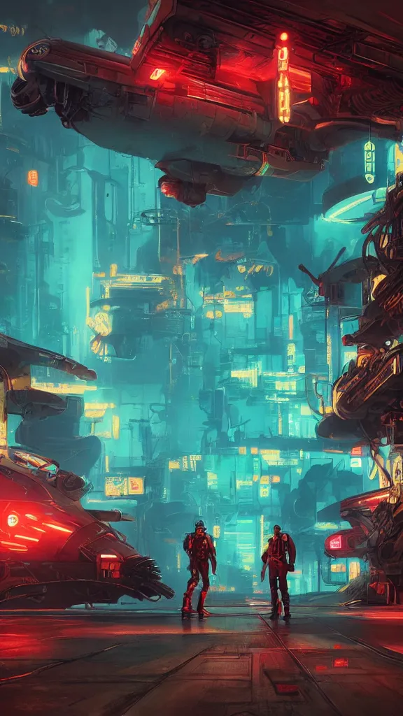 Image similar to concept art, retro - futurist steampunk pilots, octane render, artstation, dramatic neon lighting, glowing imperial motifs, red turquoise accents, bladerunner, by gerald brom, james jean, syd mead, akihiko yoshida, cinematic