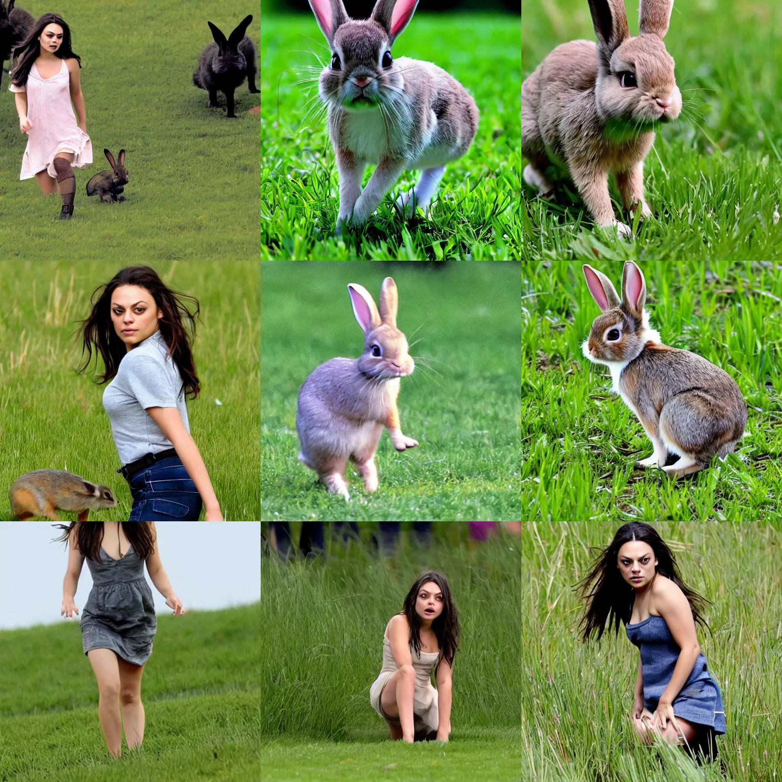Prompt: mila kunis as a little rabbit hopping through grass