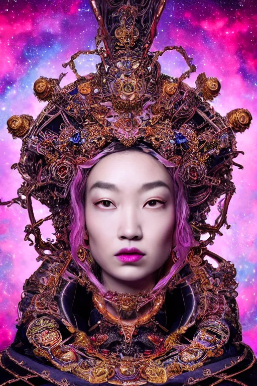 Image similar to a beautiful empress portrait, with a brilliant, impossible striking big cosmic galaxy headpiece, clothes entirely made out of cosmos chaos energy, symmetrical, dramatic studio lighting, rococo, baroque, jewels, asian, hyperrealism, closeup, D&D, fantasy, intricate, elegant, highly detailed, digital painting, artstation, octane render, 8k, concept art, matte, sharp focus, illustration, art by Artgerm and Greg Rutkowski and Alphonse Mucha