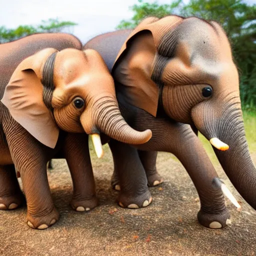 Prompt: photo of two miniature elephants covered in honey and rolling around in a tent