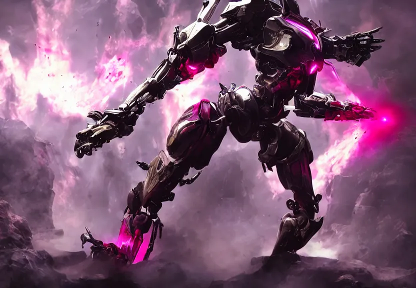 Image similar to epic cinematic shot of stunning beautiful anthropomorphic mecha female dragon fighting in the apocalypse with laser rifle, has silver armor and fuchsia skin, warframe fanart, terminator art, epic scale, furaffinity, deviantart, octane