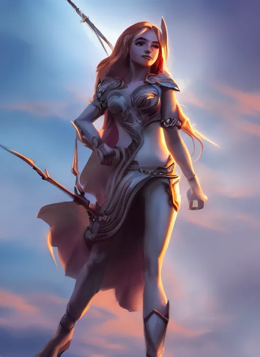 Image similar to fantasy heroine detailed looking heroically at the sky at dusk, profile, in the style of Milica Čeliković and James Daly, artstation, digital art, full figure