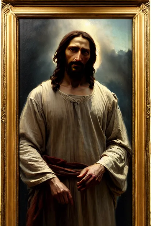 Image similar to photograph imax and solomon joseph solomon and richard schmid and jeremy lipking victorian loose genre loose painting full length portrait painting of jesus