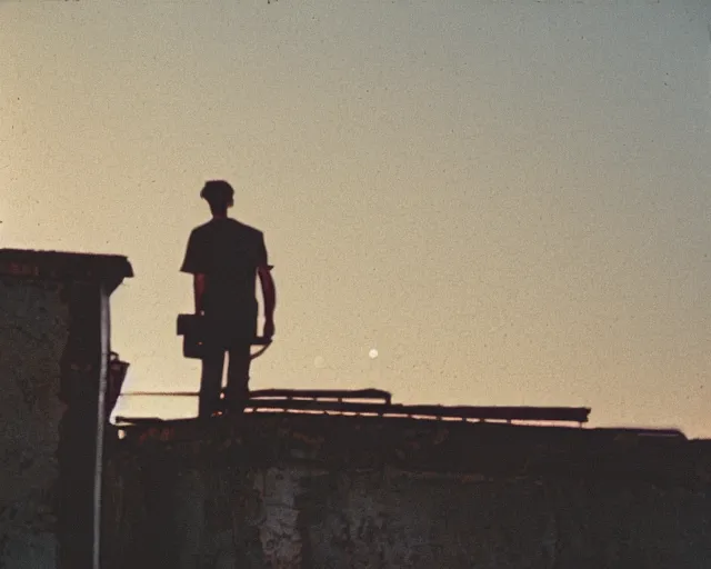 Image similar to lomo photo of man standing on the roof of soviet hrushevka, small town, cinestill, bokeh, out of focus