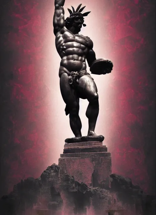 Image similar to design poster showing a statue of hercules, black background with very subtle red and purple design elements, powerful, nekro, vito acconci, graphic design, collage art, subtle thin straight lines, dark, glitch art, neo vaporwave, gritty, layout frame, square, trending on artstation