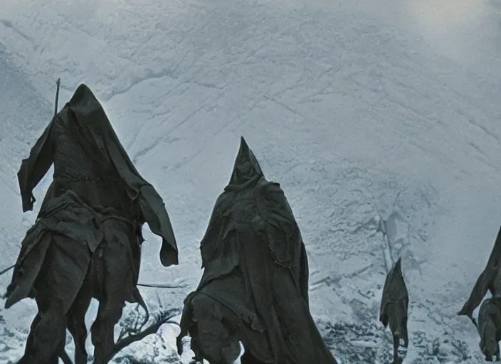 Prompt: nazgul, 3 5 mm film cinematography, nazgul scene from lord of the rings movie, wide shot, atmospheric cinematography by stanley kubrick