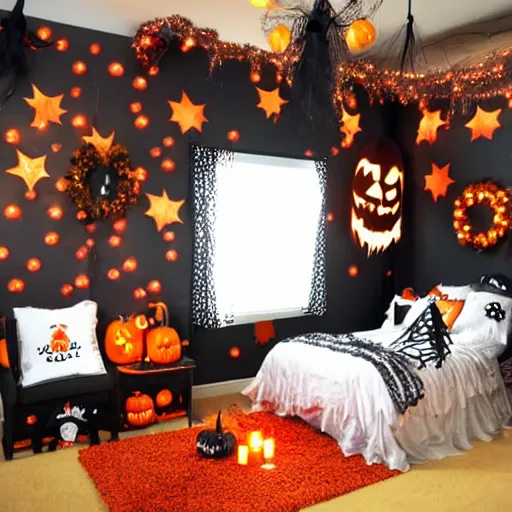 Image similar to homemade halloween themed christmas bedroom ideas, high resolution, creative, visually appealling