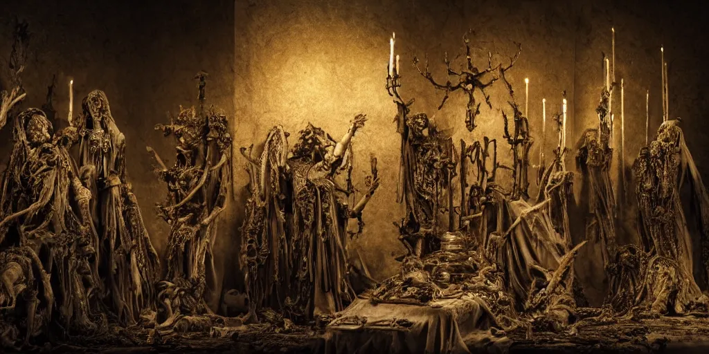 Prompt: a highly detailed realistic photographic render of corpses worshipping a skull statue with crown of thorns made of gold in the style of billelis, billelis , creepy, cinematic lighting, cinematic scene, Volumetric lighting, Atmospheric scene, Dark, Horror, Atmospheric lighting, Global illumination, realistic, photo realism, hyper realistic, hyper realism, photo realisitc, cinematic render, film, beautifully lit, ray traced, octane 3D render, octane render, unreal engine