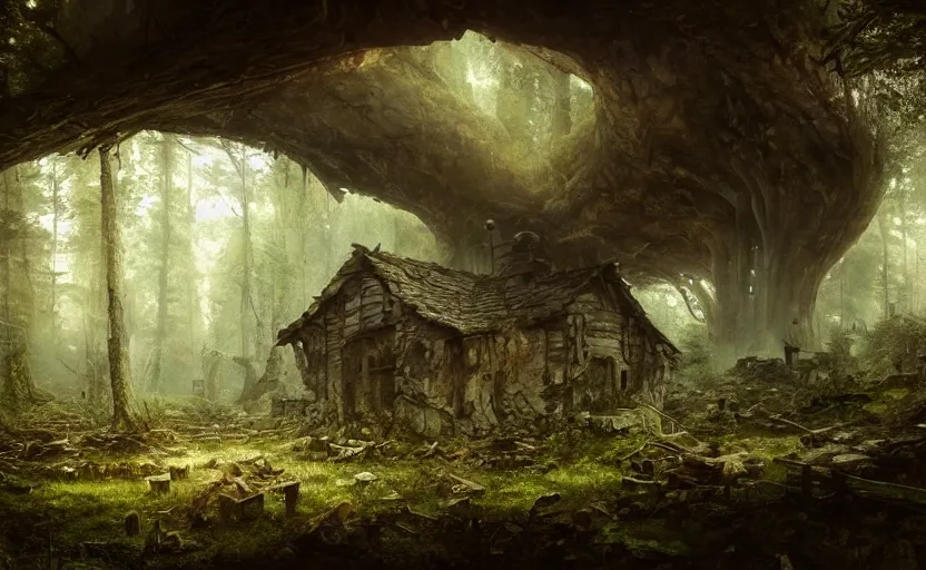 Image similar to A mushroom house that has been destroyed and now it is in rumbles , light coming from the windows, in a dark forest, macro, underexposed, overecast, mysterious matte painting by greg rutkowski and marc simonetti and Ivan Shishkin