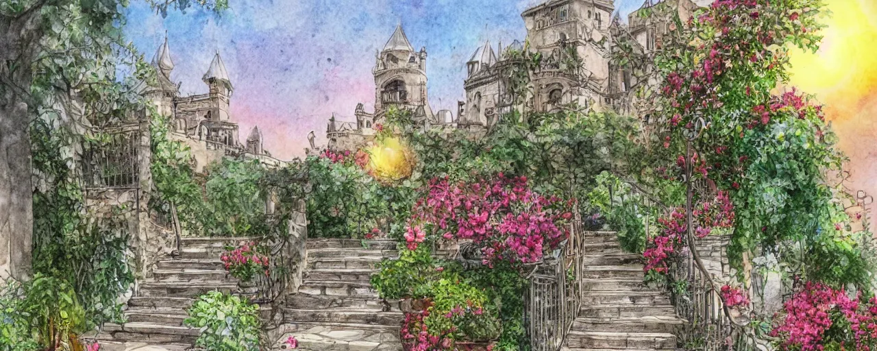 Image similar to huge flower, courtyard walkway, sunset, castle, stairway, chairs, wrought iron, gate, tree, delicate, botanic garden, road, botanical herbarium paper, watercolor colored painting, iridescent colors, 8 k, realistic shaded, fine details, artstation, italian style, colonnade