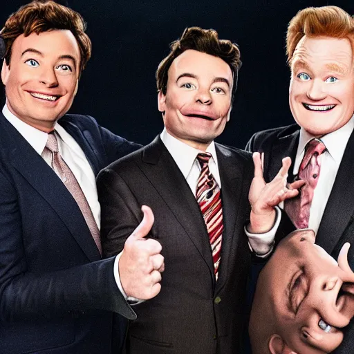 Prompt: a portrait of jimmy fallon, jay leno and conan o'brien combined