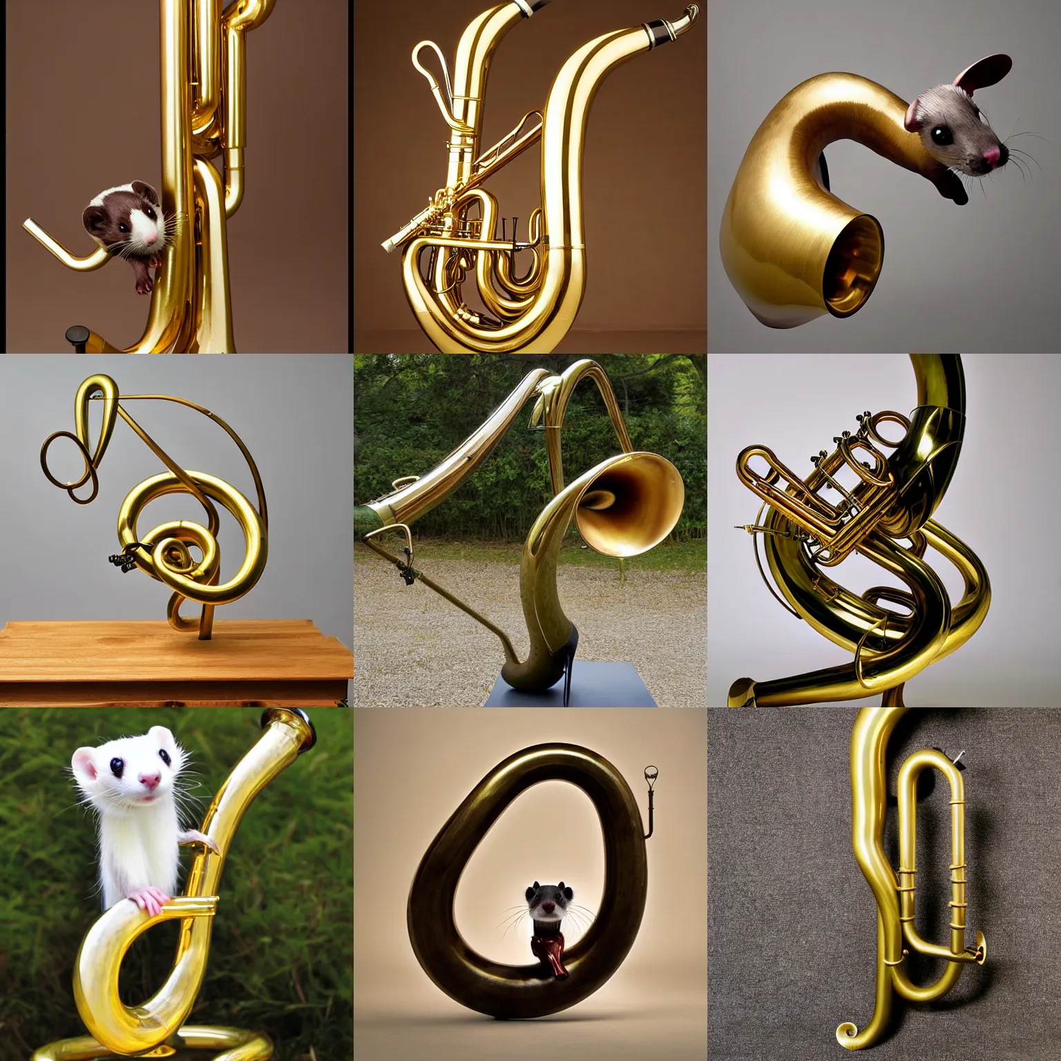 Prompt: a hybrid of a ferret and a french horn, long tubular brass ferret, instrument sculpture, ferret sculpture, photograph