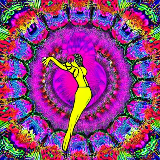 Prompt: the goddess of psychedelics dancing in a vortex made of flowers