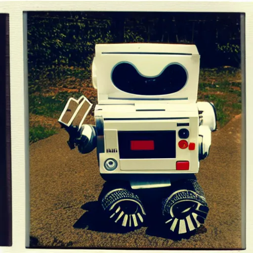 Image similar to polaroid of wall - e robot in abandoned washington city