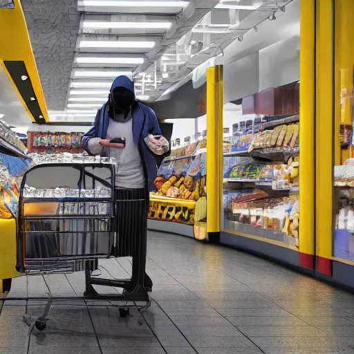 Prompt: a masked man at a self checkout stealing one banana, theft at grocery store, walking out with one banana, banana in hand, trending on artstation, depth field, unreal engine, cinematic, hyper realism, high detail, octane cinema 4 d render, a 2 4 cinematography, 8 k