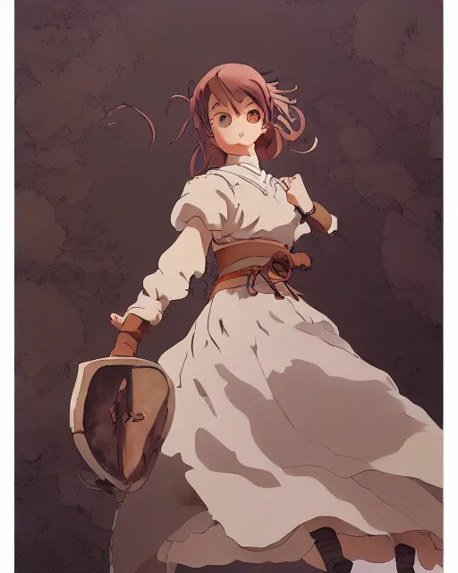 Image similar to key anime visual portrait of a young female walking through a medieval village, dynamic pose, dynamic perspective, detailed silhouette, film grain, face by yoh yoshinari, detailed, intricate