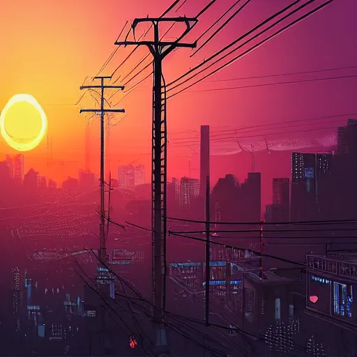 Prompt: the sun is setting over a city with power lines, cyberpunk art by alena aenami, featured on deviantart, digital art, matte drawing, matte painting, speedpainting